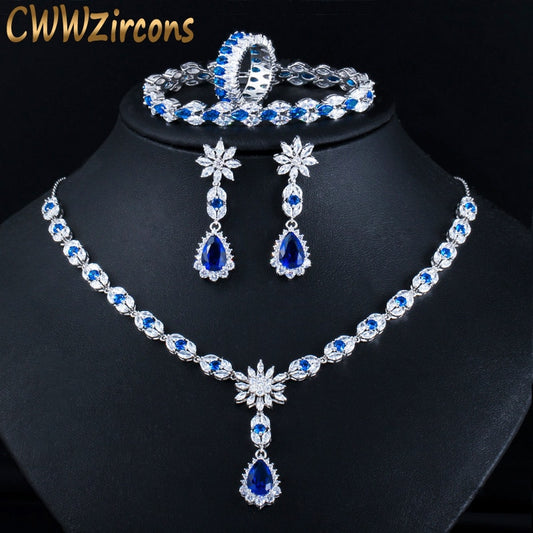 CWWZircons 4 Pcs Blue Cubic Zircon Crystal Flower Drop Wedding Necklace Earring Bracelet Ring Bridal Costume Jewelry Sets T439