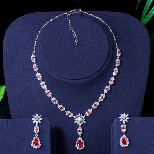 Elegant White Gold Color Flower Water Drop Women Party Wedding Necklace and Earrings Royal Blue CZ Jewelry Sets