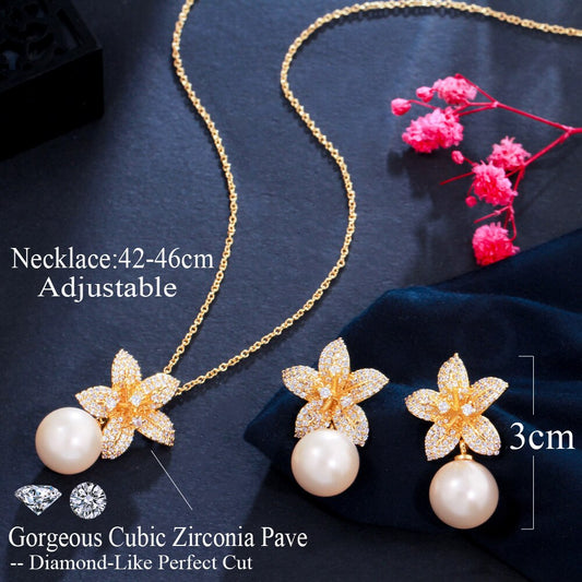 CWWZircons Lovely Cute Flower Cubic Zirconia Dangle Drop Pearl Pendant Necklace and Earrings Trendy Women Jewelry Sets Gift T565