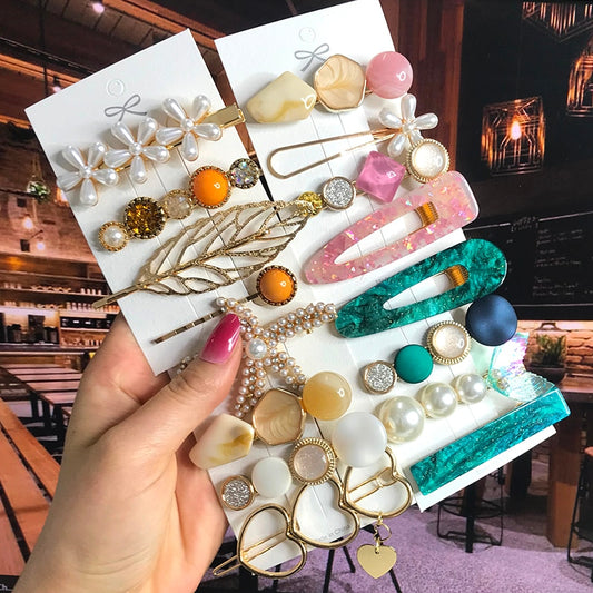 2022 Pearl Crystal Acrylic Hair Clips Set for Women Retro Geometric Barrettes Hairpin Girl Hair Accessories Fashion Jewelry