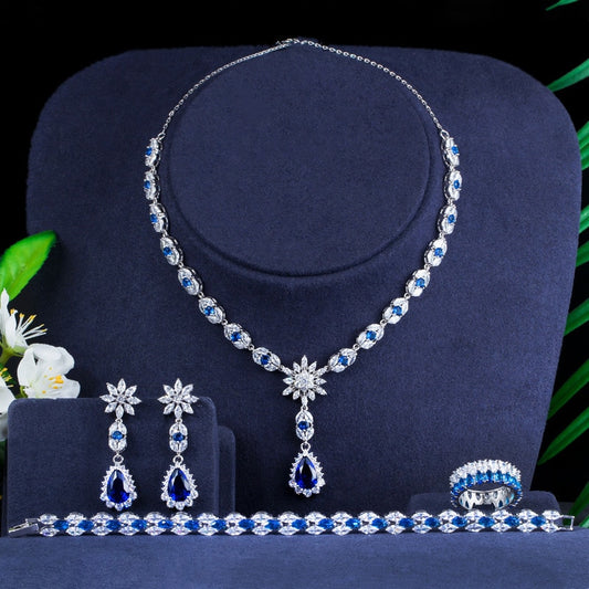 4pcs Blue Cubic Zircon Crystal Flower Drop Wedding Necklace